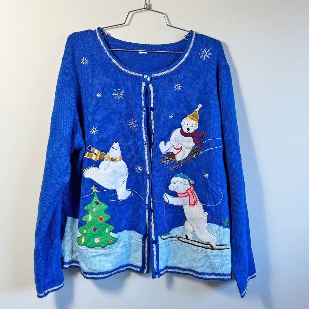 Vintage Christmas / Winter  Sweater with button front, blue, size XL